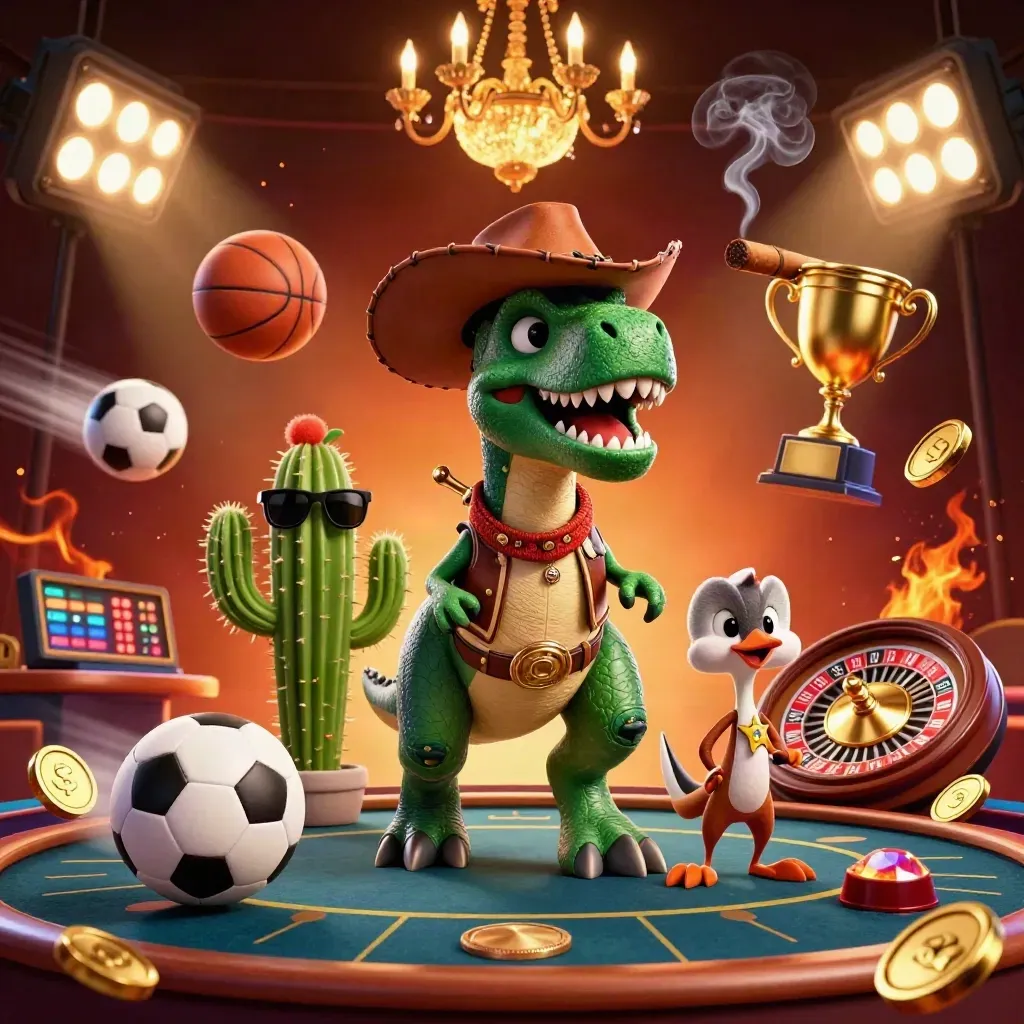 Cowboy T-Rex, cactus sidekick, and roadrunner amid casino lights, coins, trophy, and ember glow.