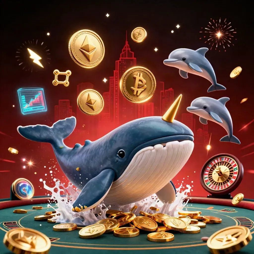 Whale, narwhal, and dolphins in a luxe casino scene with coins, neon tech, and red-gold lights.
