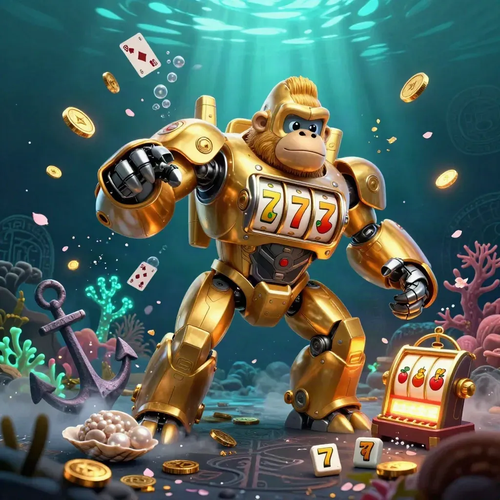 Golden gorilla mech with tiny monkey pilot surging through a glowing underwater treasure cove.