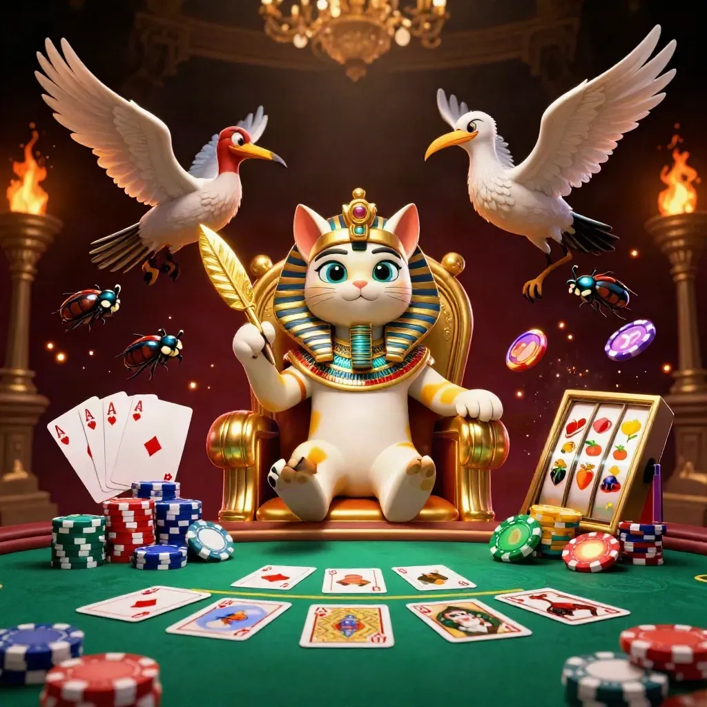 Pharaoh cat king, ibis scribe, and scarab beetles over casino chips and cards