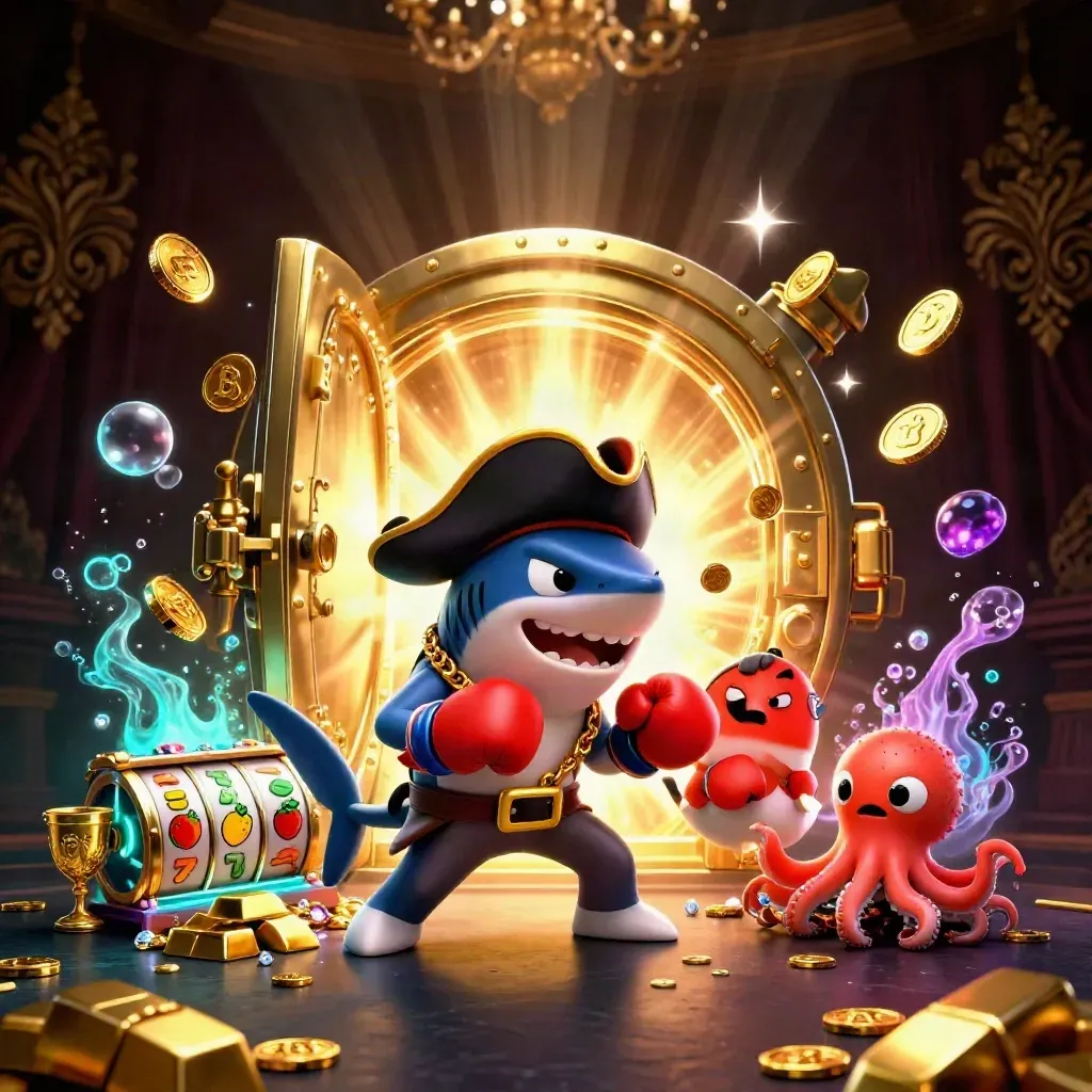 Pirate shark, red pufferfish, and baby octopus amid bursting treasure and casino glow.