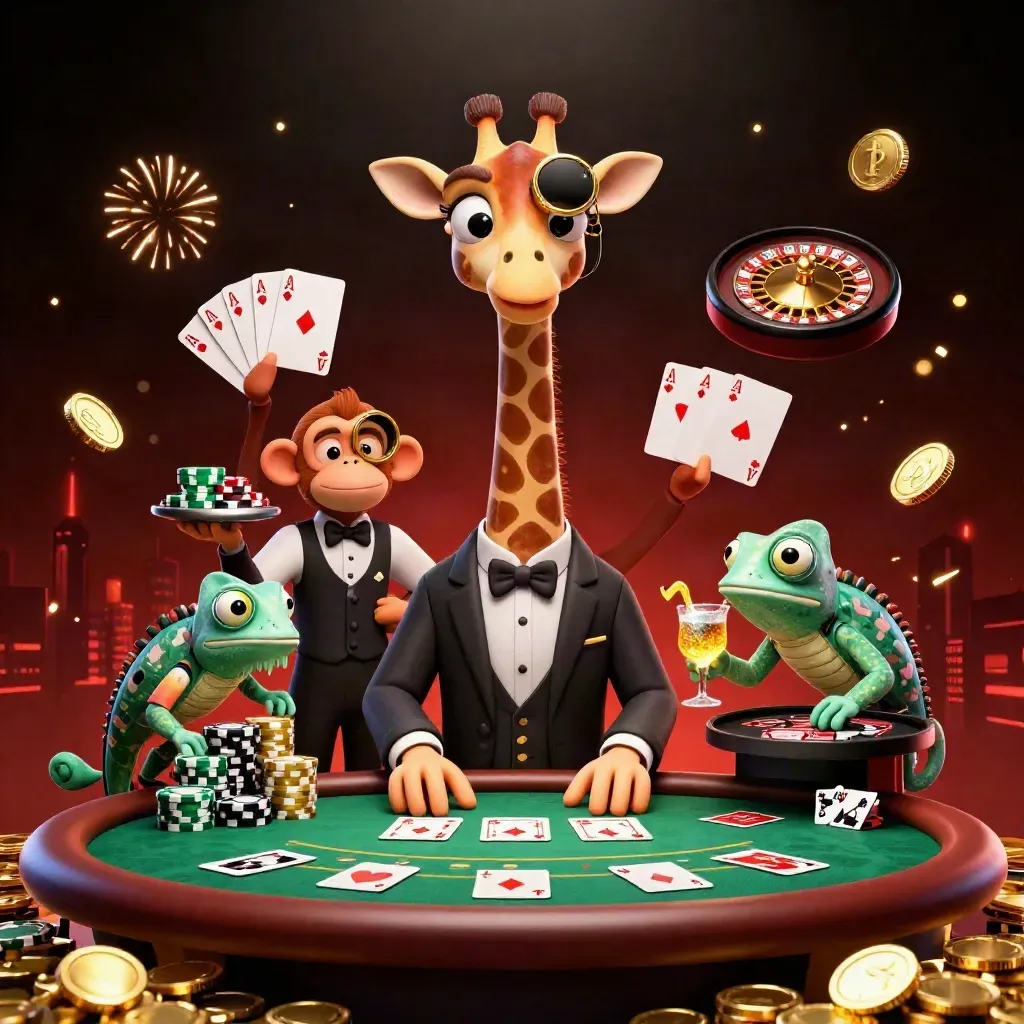High-roller giraffe, monkey valet and chameleon bartender amid chips, cards and fireworks.