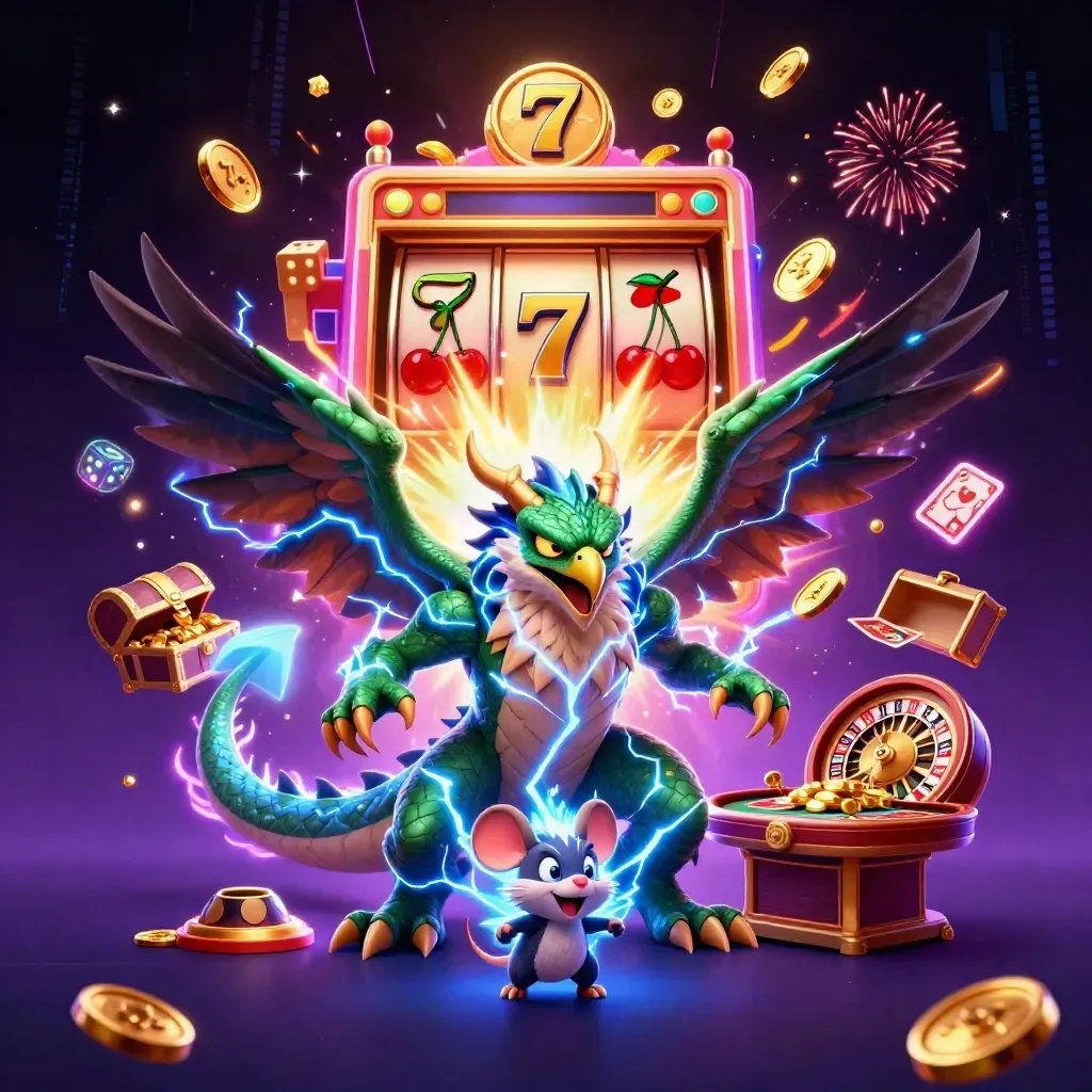 Dragon, hawk, and thunder-mouse amid exploding coins, slot machine, roulette wheel, and casino glow.