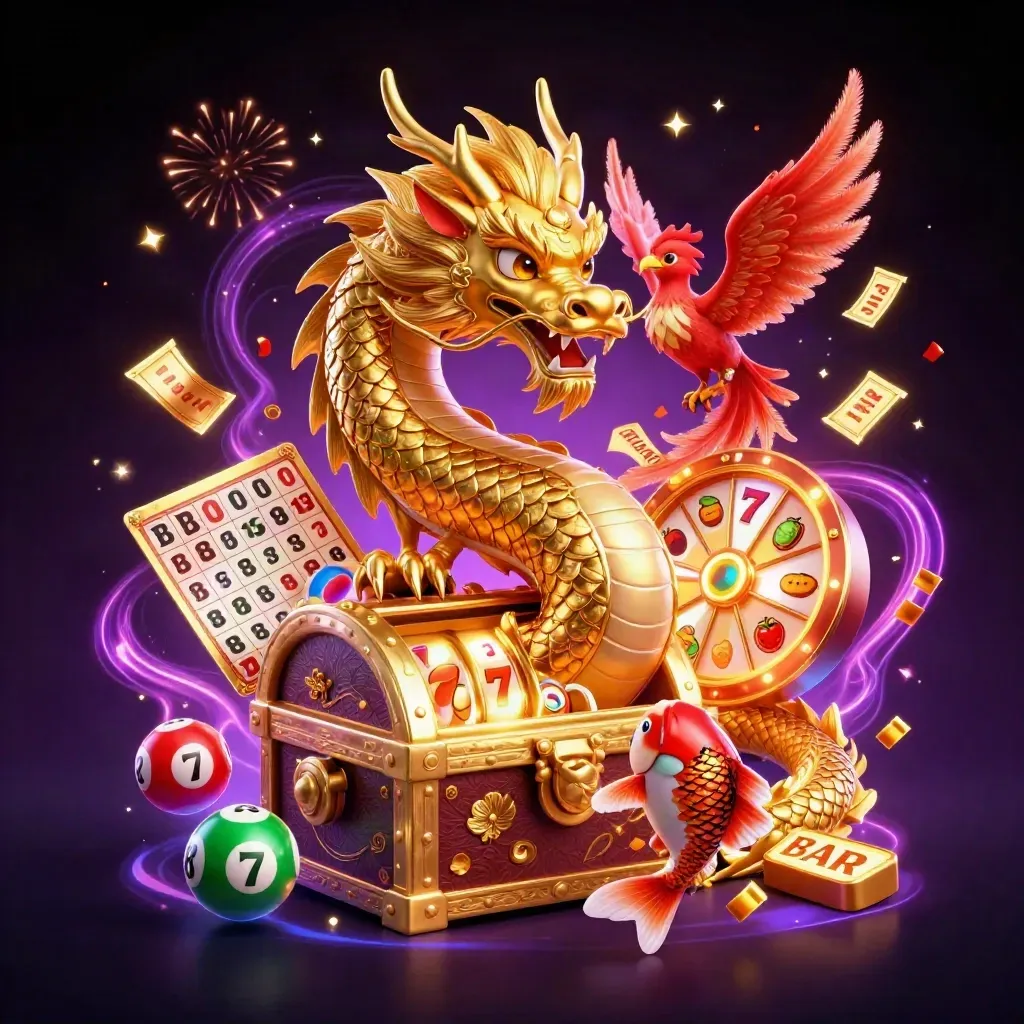 Golden dragon, phoenix and koi with casino reels, balls and wheel on a purple-black starfield