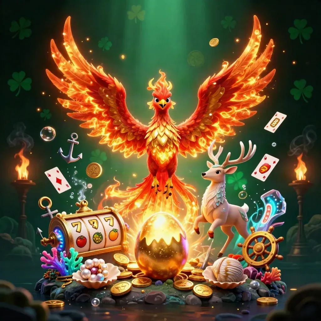 Fire phoenix, baby phoenix egg, and crystal-antler stag amid casino treasure and emerald glow.