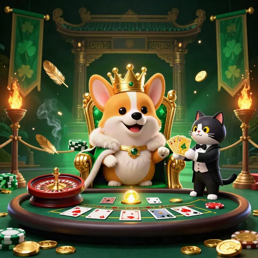 Royal corgi and cat butler amid chips, roulette wheel, cards, gold sparks in emerald neon
