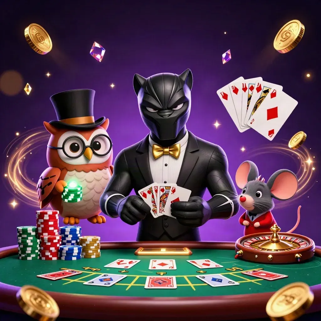 Black panther, owl, and mouse amid casino chips, roulette wheel, cards, and glowing gold effects