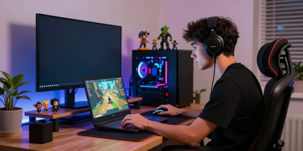 Akunjp gaming setup featuring a person focused on a laptop with colorful LED accessories.