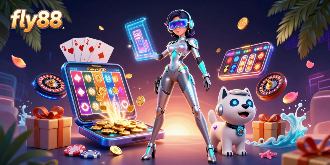 Engage in exciting gameplay with fly88 featuring a futuristic woman and a robot dog in a vibrant casino atmosphere.
