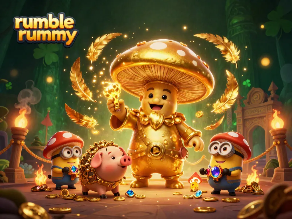 Engage in exciting rounds of rumble rummy with magical characters surrounded by golden treasures.