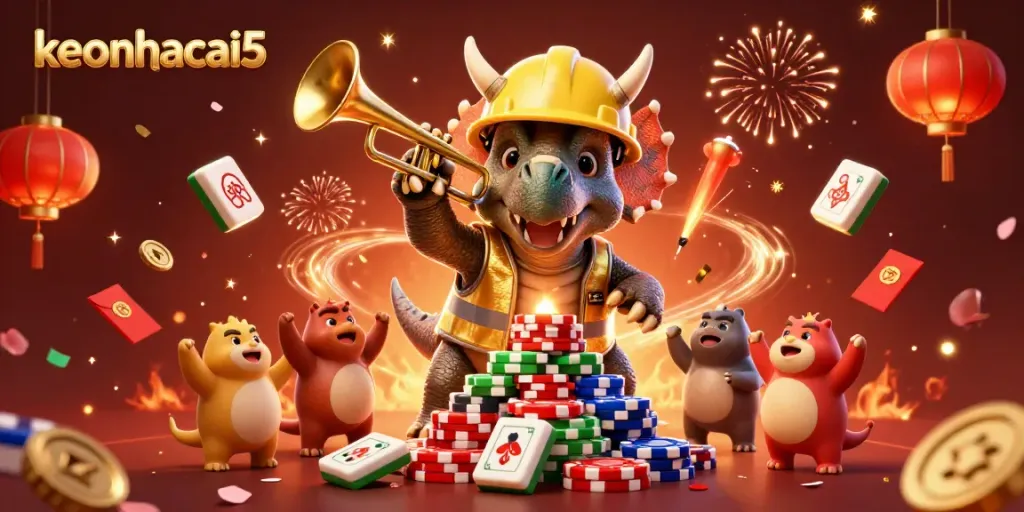Bettors celebrate with keonhacai5 as the triceratops builds a poker chip pyramid amidst festive elements.