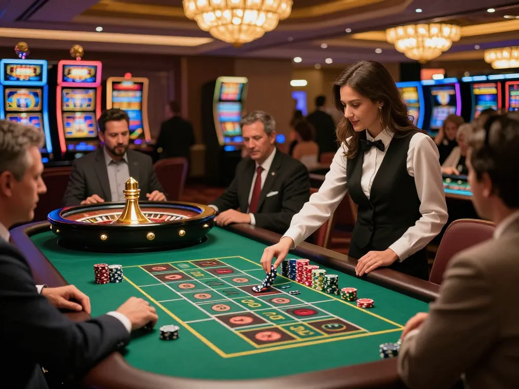 Experience the thrill of winning bets at the LuckyIndex roulette table in a luxurious casino setting.