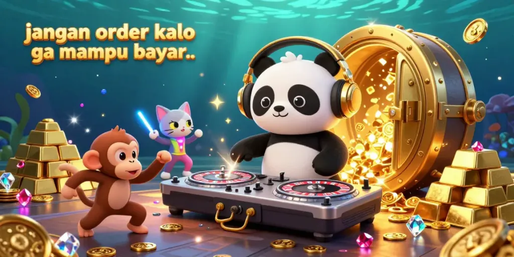Vibrantly illustrated scene of 3D cartoon characters celebrating the theme 'jangan order kalo ga mampu bayar..' in a lively casino setting.
