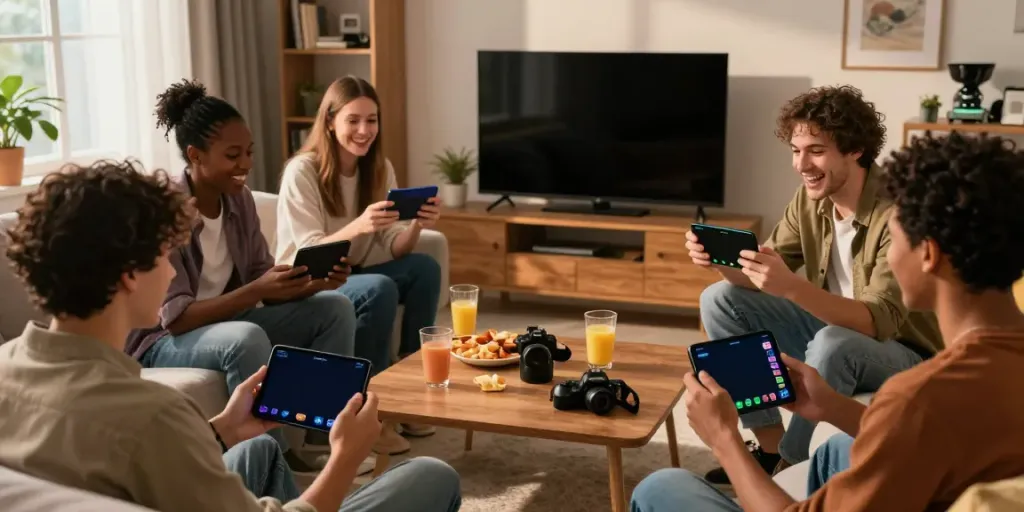 Friends enjoying Rumble Rummy app together on mobile devices in cozy living room.