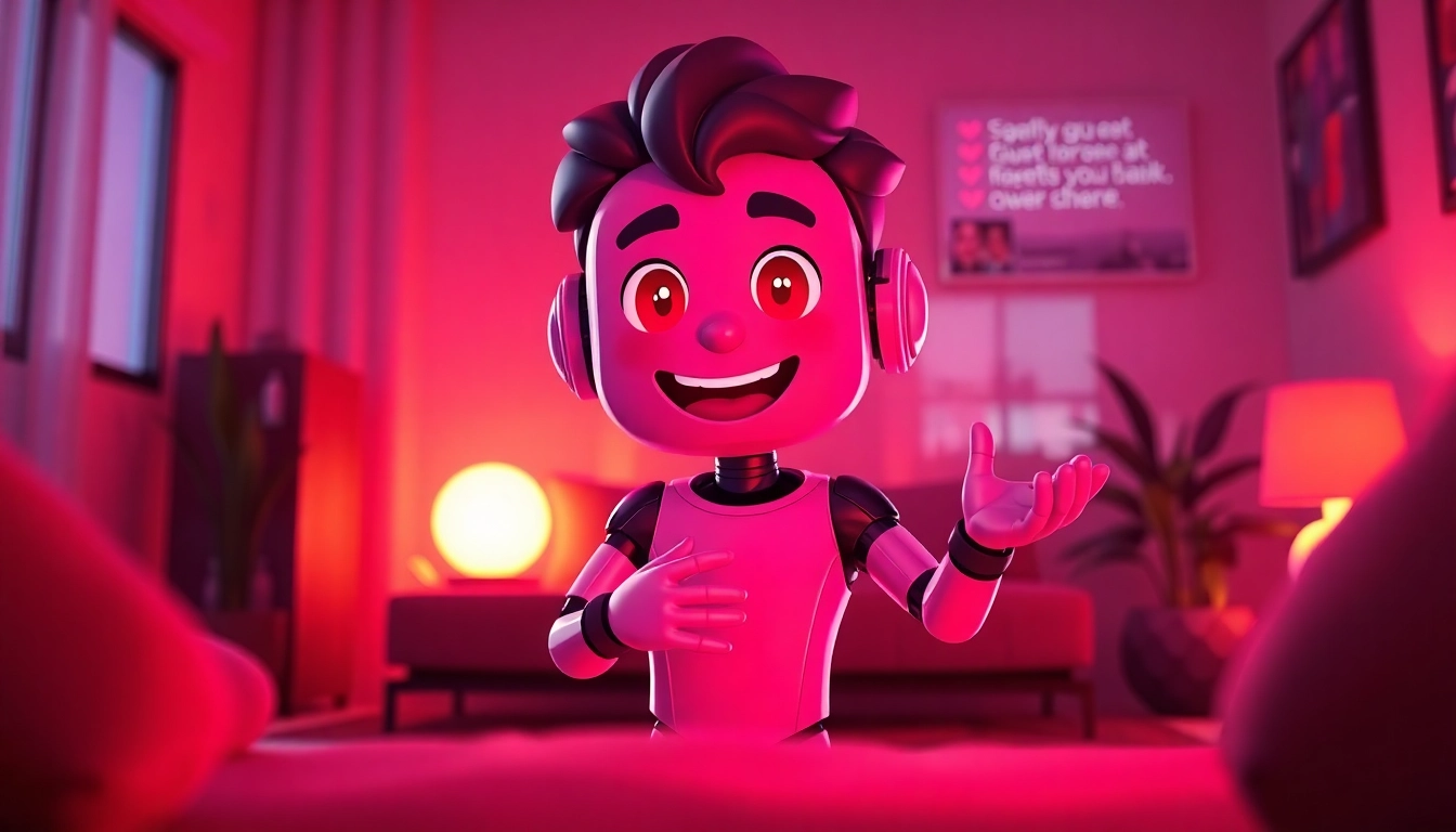NSFW character AI chat interface showcasing a friendly animated character in a cozy setting.