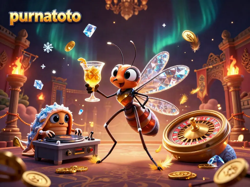 Permainan purnatoto dengan simbol slot dan elemen kasino yang megah, seperti roda roulette.