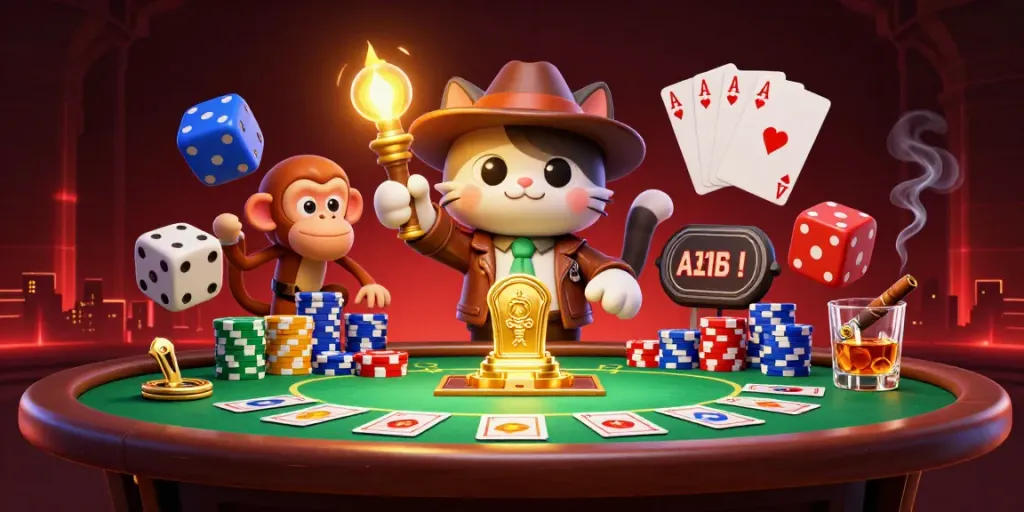 BOLASLOT showcases an archaeologist cat exploring a casino temple with vibrant poker elements.