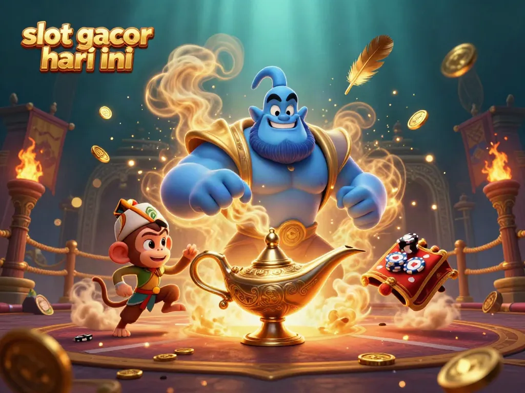 Slot gacor hari ini menampilkan ilustrasi kasino 3D yang megah dengan genie biru dan simbol keberuntungan.
