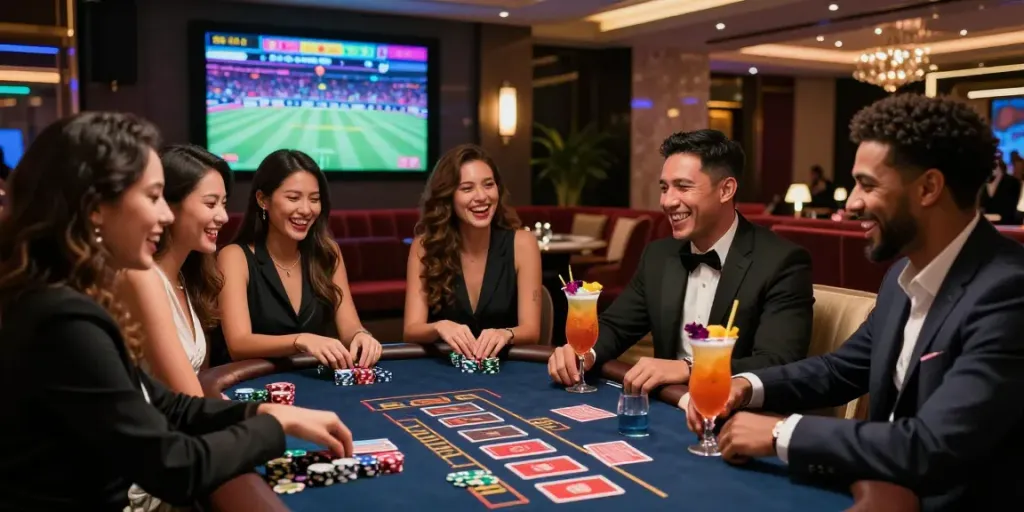 Diverse group enjoying the lotus365 gaming experience in a vibrant casino lounge.