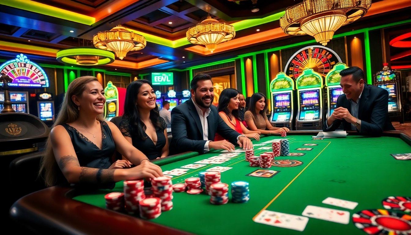 Experience the thrill of EEJL at a luxurious casino with vibrant gaming tables and excited players.