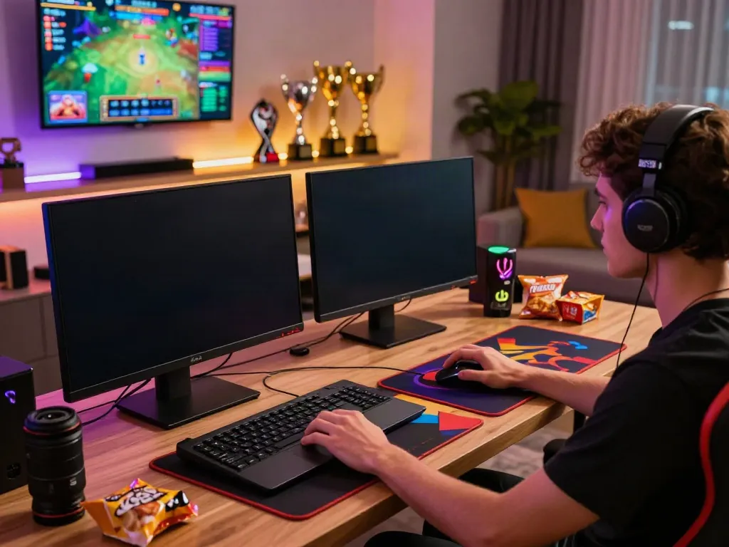 Person gaming online with akunjp slot visuals and vibrant room decor.