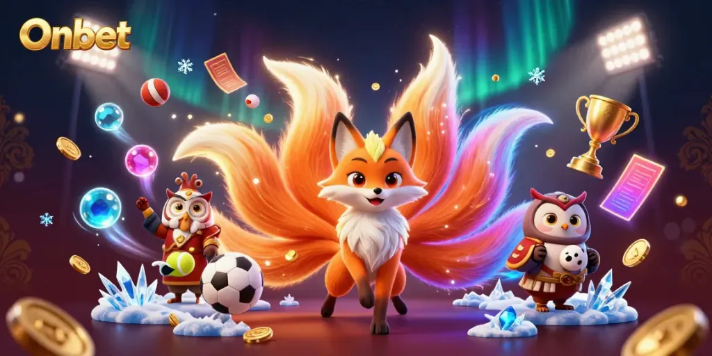 Experience the vibrant Onbet gaming world with a nine-tailed fox spirit, wise owl, and dynamic sports elements flaring in action.