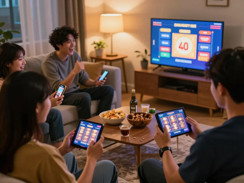 Engaging gamers enjoying toto slot games on their mobile devices in a cozy home atmosphere.