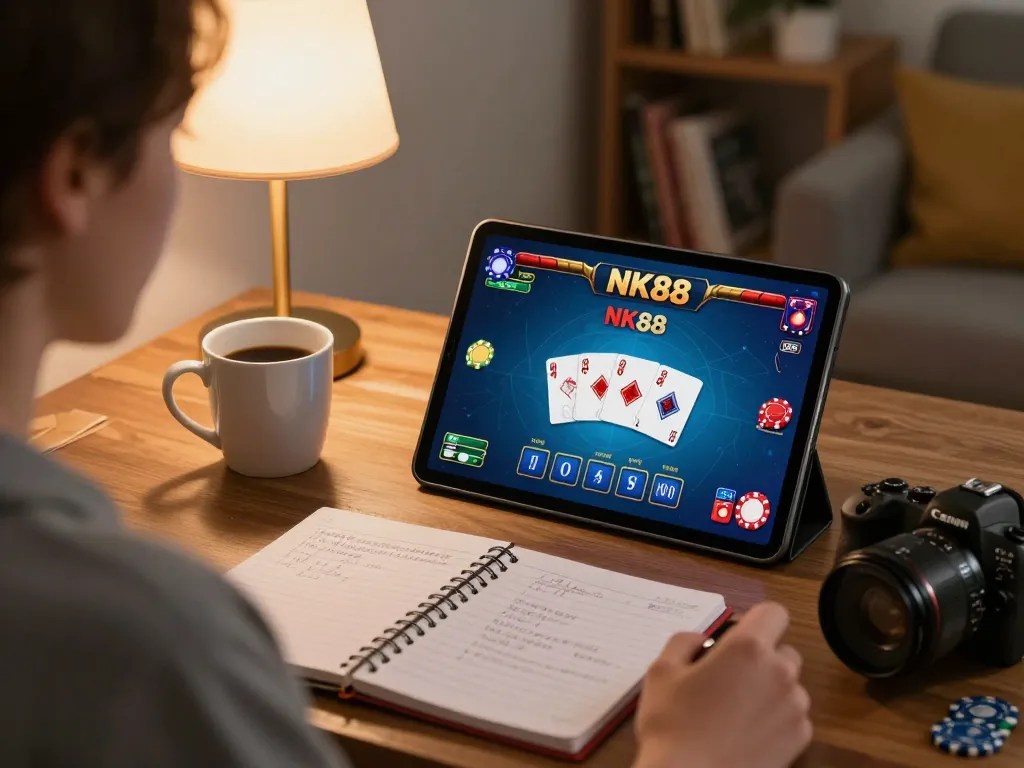 Experience online gambling at NK88 with an engaging setup featuring cards and chips in a cozy home environment.