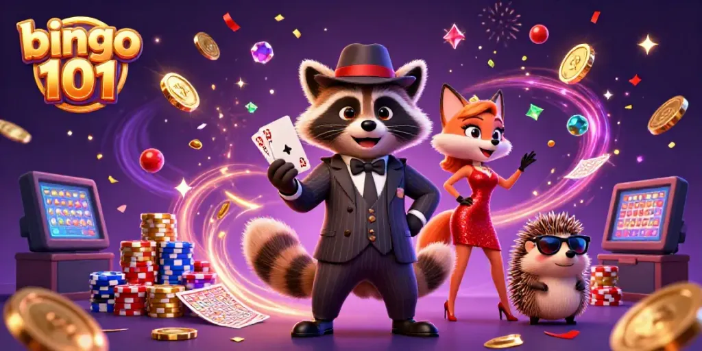 Experience bingo 101 excitement with vibrant bingo balls and 3D characters in this animated scene.
