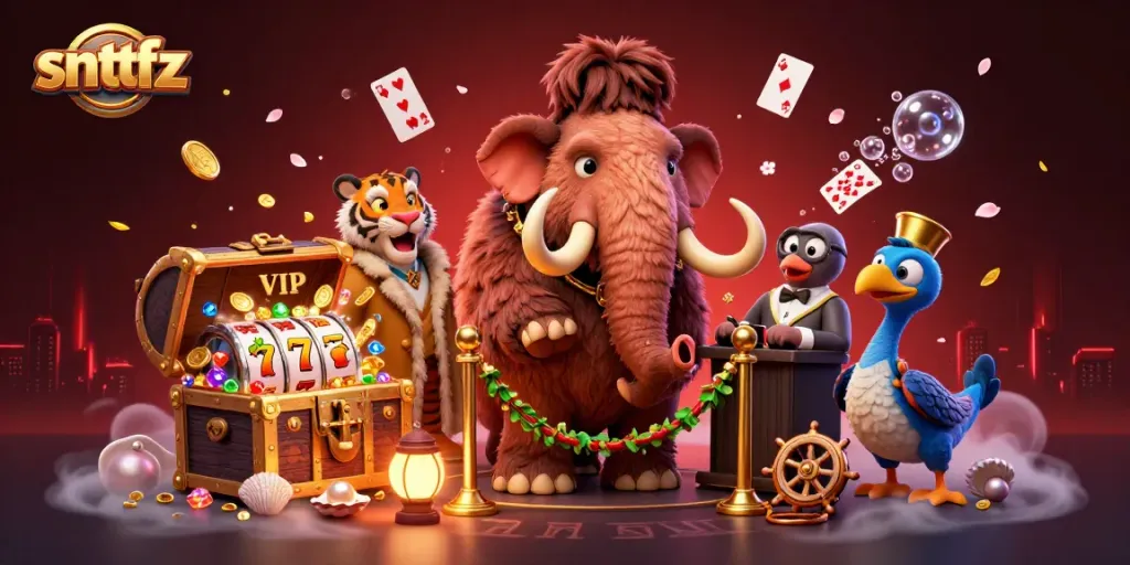 Engage in a vibrant casino scene with snttfz elements, including a mammoth bouncer, treasure, and slot reels.