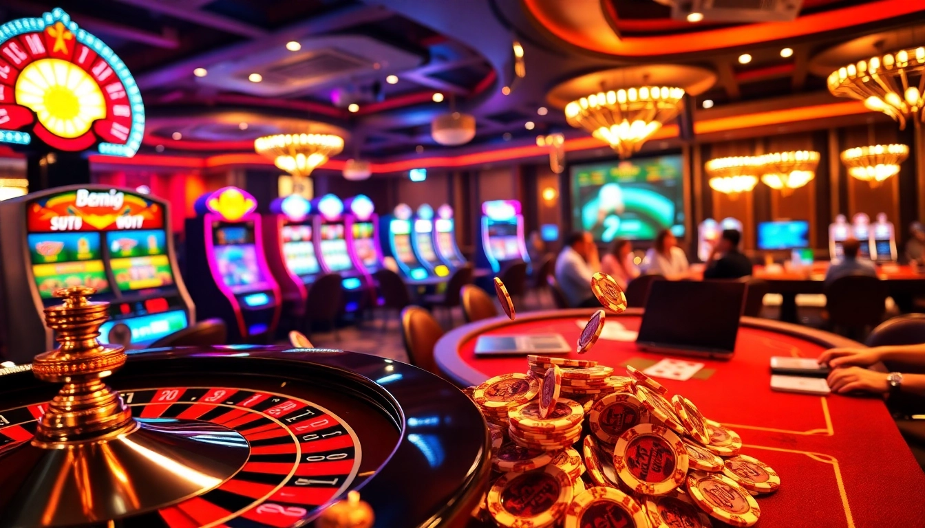 Experience stunning gameplay action at Bem88 with poker chips and roulette wheel spinning.