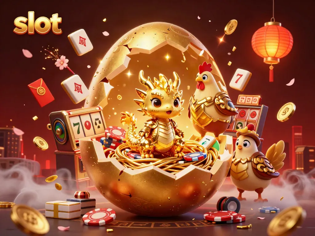 Engaging illustration showcasing a baby dragon on slot-themed poker chips, surrounded by vibrant casino elements.