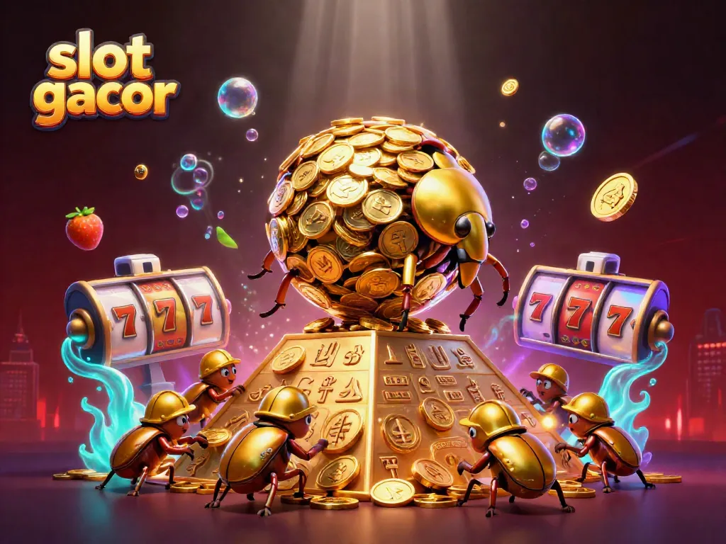 Slot gacor menampilkan kumbang emas raksasa bergulir bola koin emas di latar kasino.