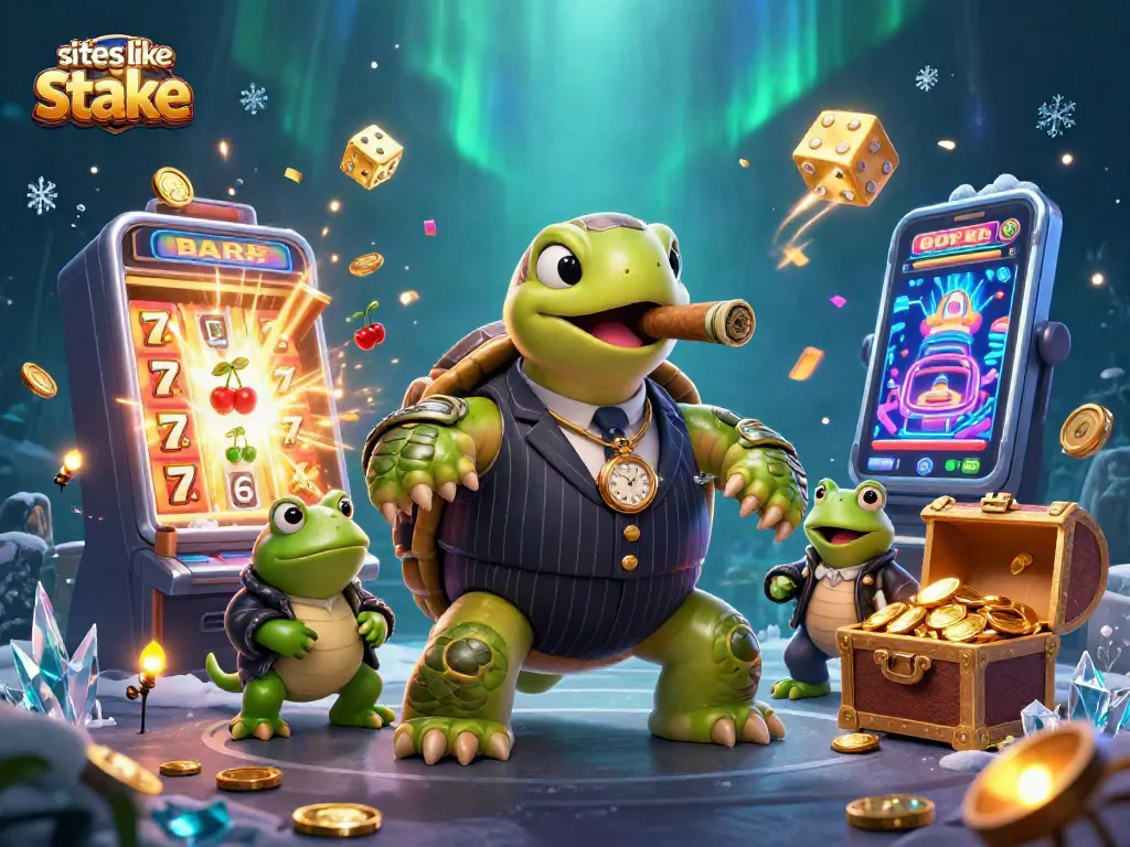Experience exciting gameplay at sites like stake with a dynamic casino scene featuring colorful slots and unique characters.