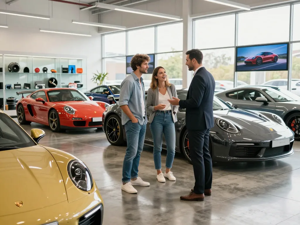 Couple exploring quality used cars at https://www.chappellsportscars.com/used-cars/ enthusiastically in modern dealership.