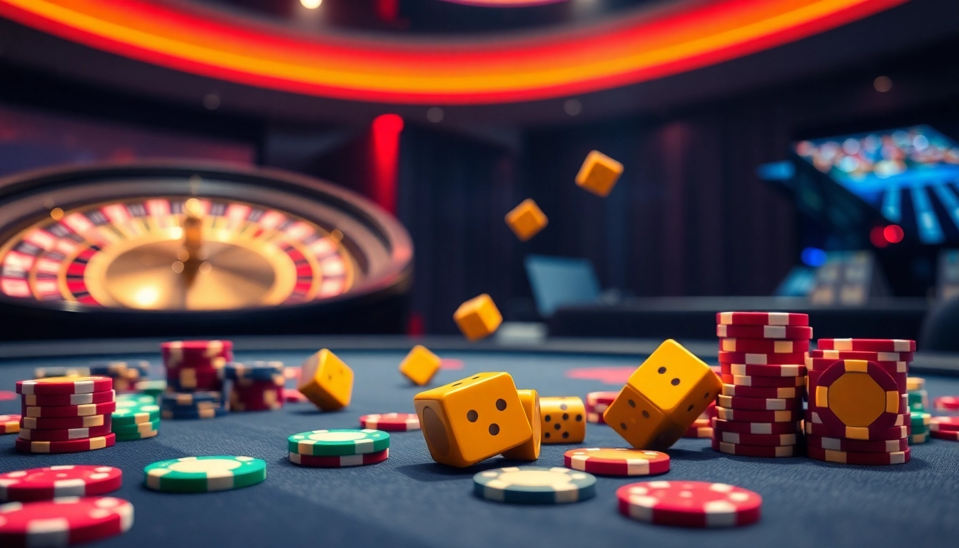 Kubet online casino gaming scene with vibrant poker chips, roulette wheel, and virtual betting slips.