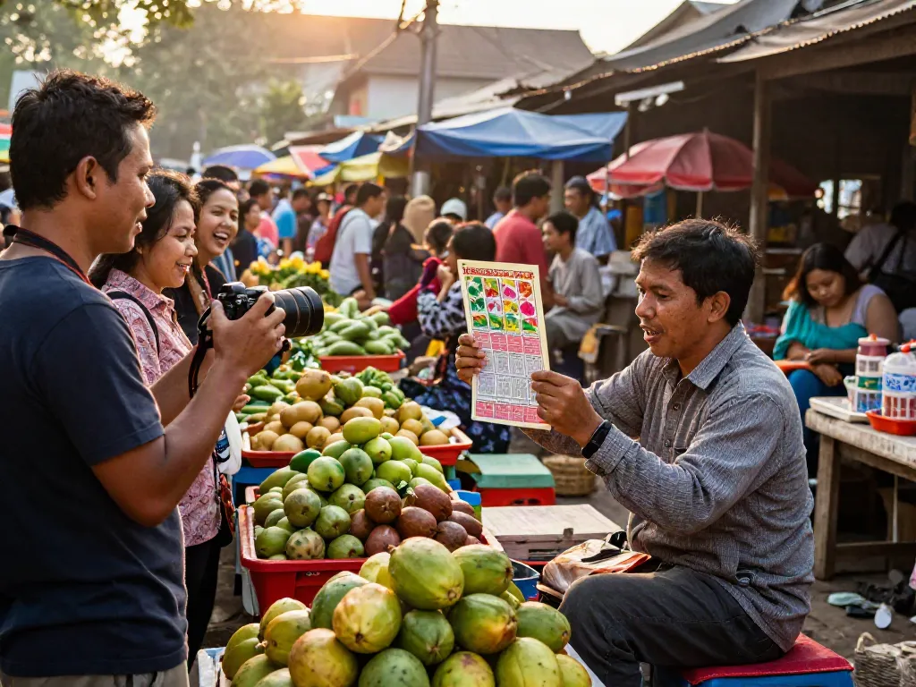 Suasana pasar lokal dengan penjual tiket lotere, bukumimpi138, dan masyarakat yang berinteraksi penuh semangat.