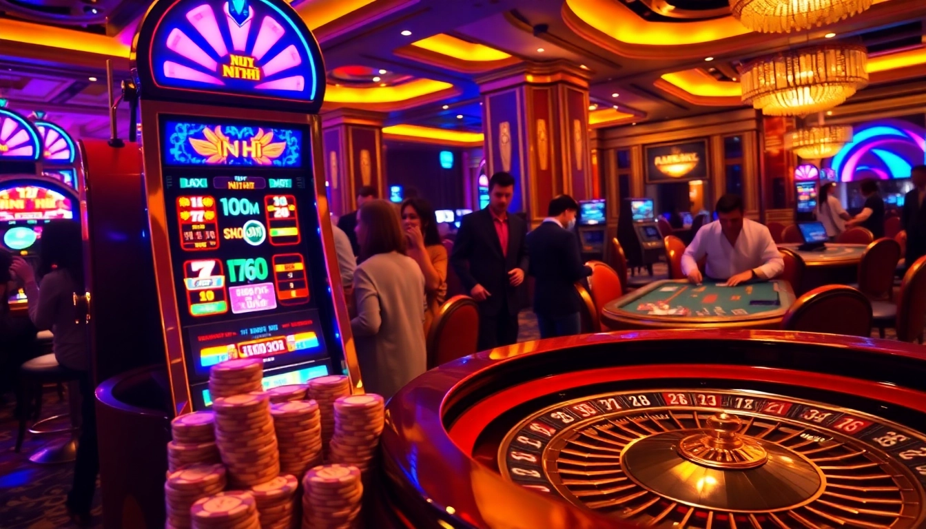 Nổ Hũ slot machine in a luxurious casino setting, players eagerly anticipating their wins.