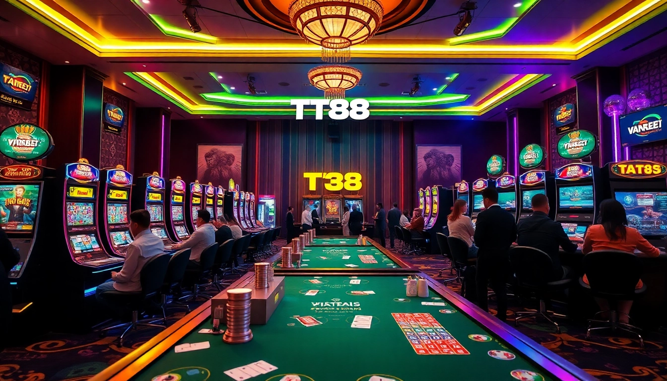 Exciting gaming scene at TT88, featuring players at a lively casino with modern slot machines and game tables.