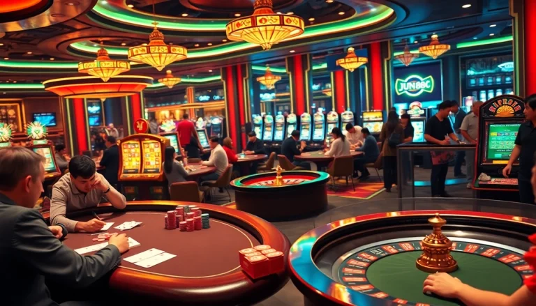 Experience the thrilling atmosphere of Jun88's casino with dynamic gameplay and vibrant colors.