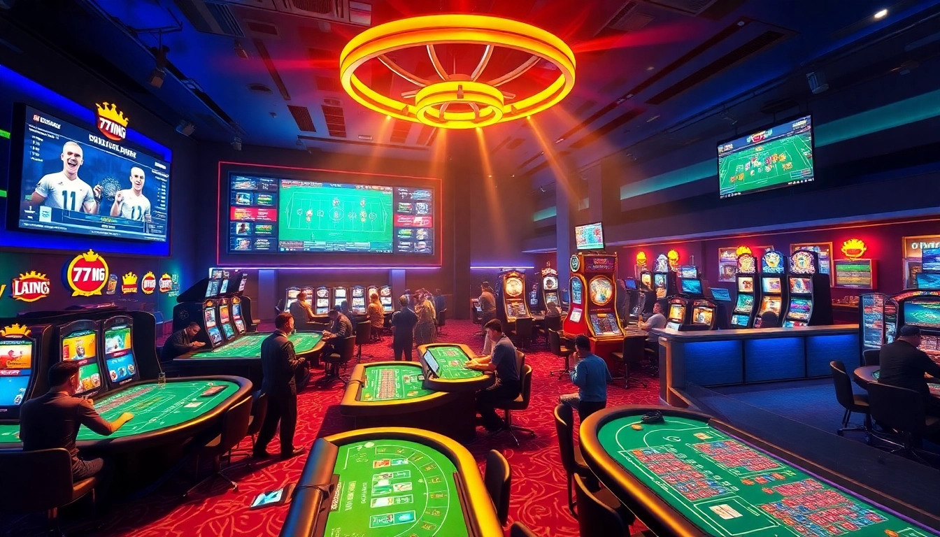 Escena emocionante de apuestas en línea en la plataforma de casino 79king con luces vibrantes y jugadores.