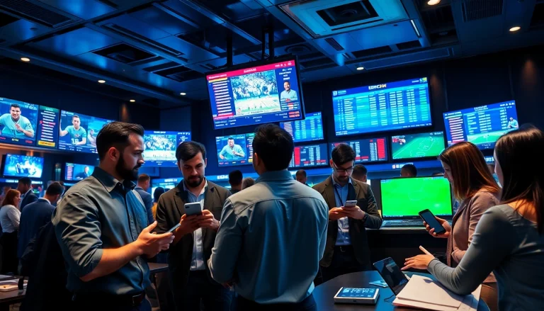 Engaged individuals enjoying online Betting in a vibrant modern sports lounge atmosphere.