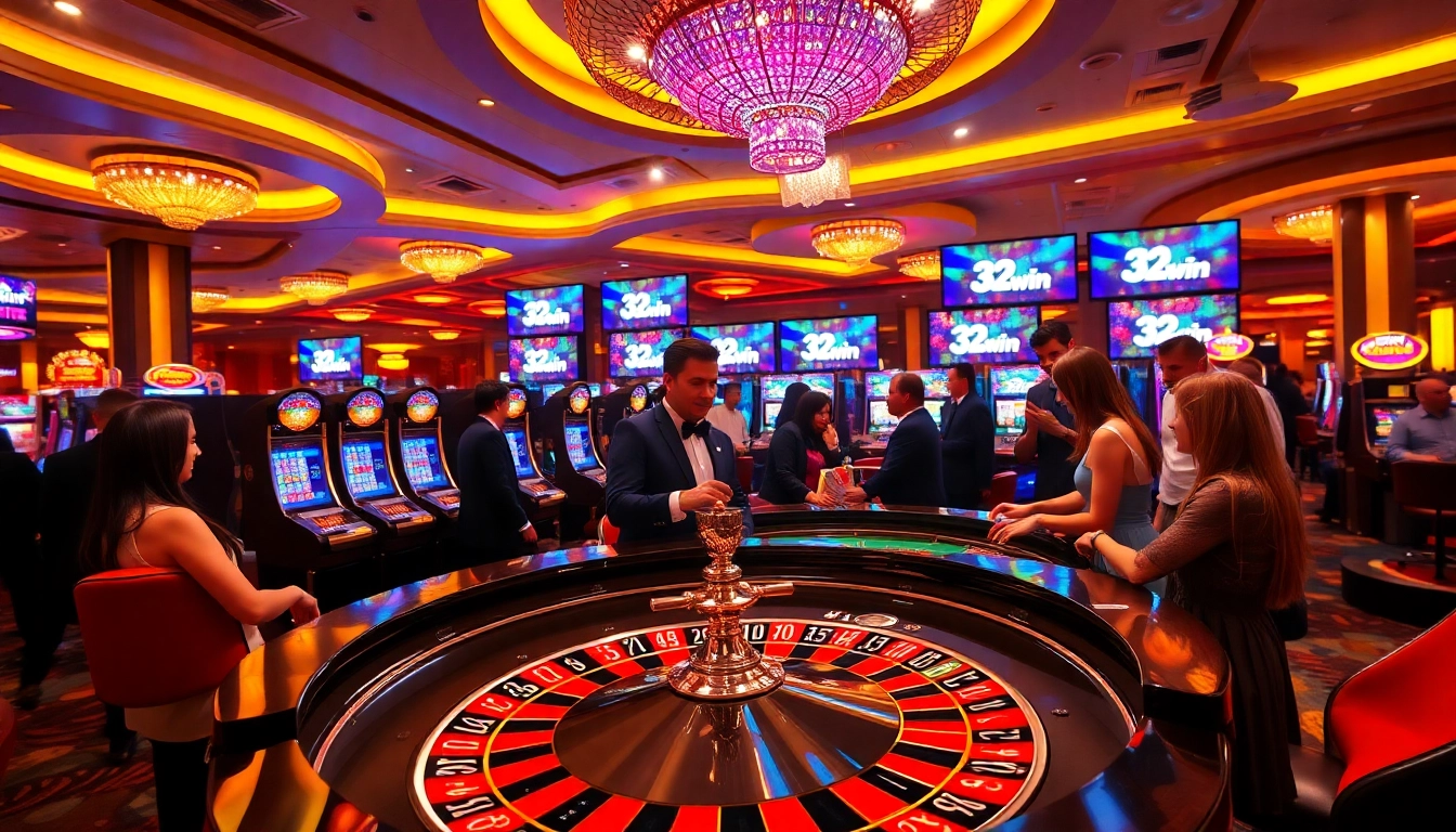 Excited players betting at a roulette table with vibrant 32win branding in the casino.