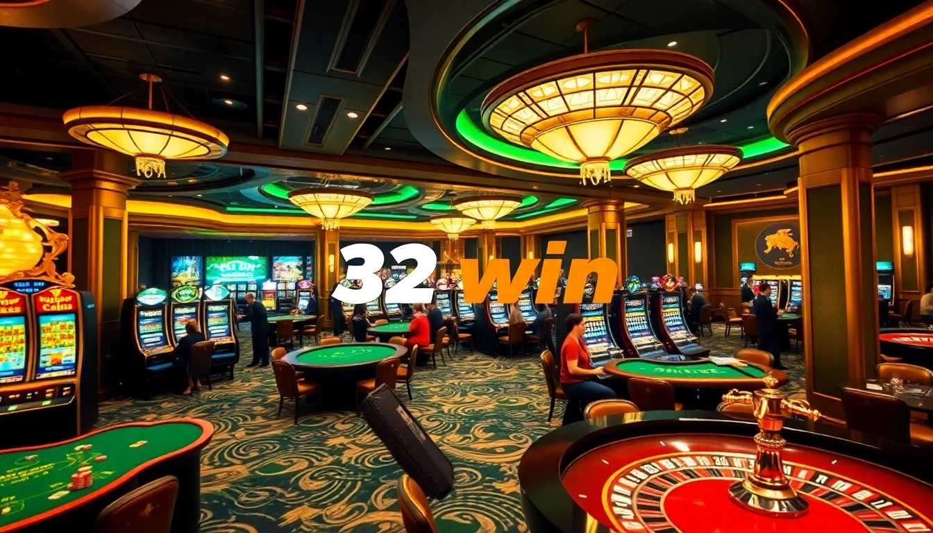 Gambling at 32win casino with vibrant slot machines and poker excitement.