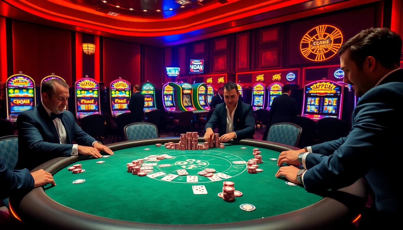 Players strategizing at a poker table with OK8386 casino stakes, illuminated by ambient lights.