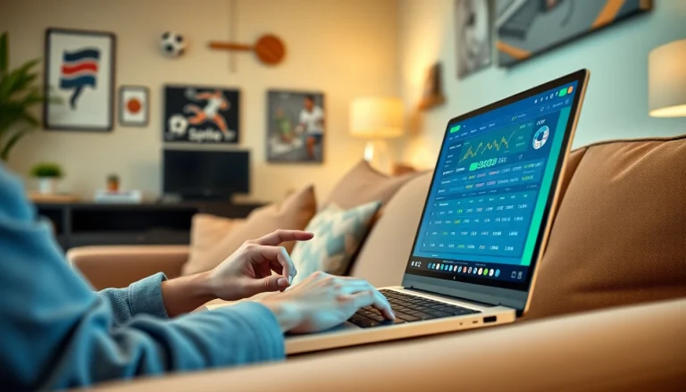 Menggunakan SBOBET88 untuk taruhan olahraga online terbaik dengan laptop di ruang santai.