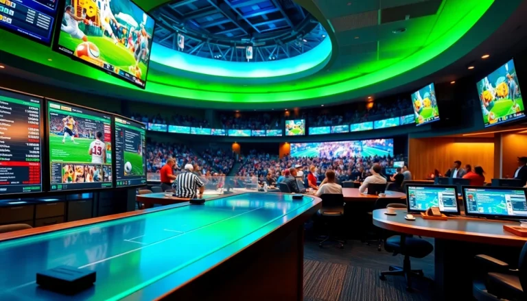 Engage in Sports Betting action with vibrant atmosphere and live odds display at a bustling venue.