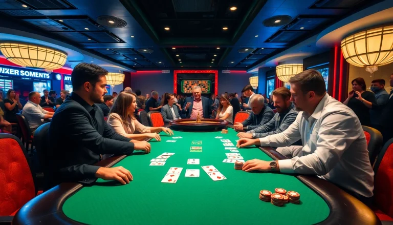 Engaging poker game scene with players at a table showcasing strategic plays and excitement.