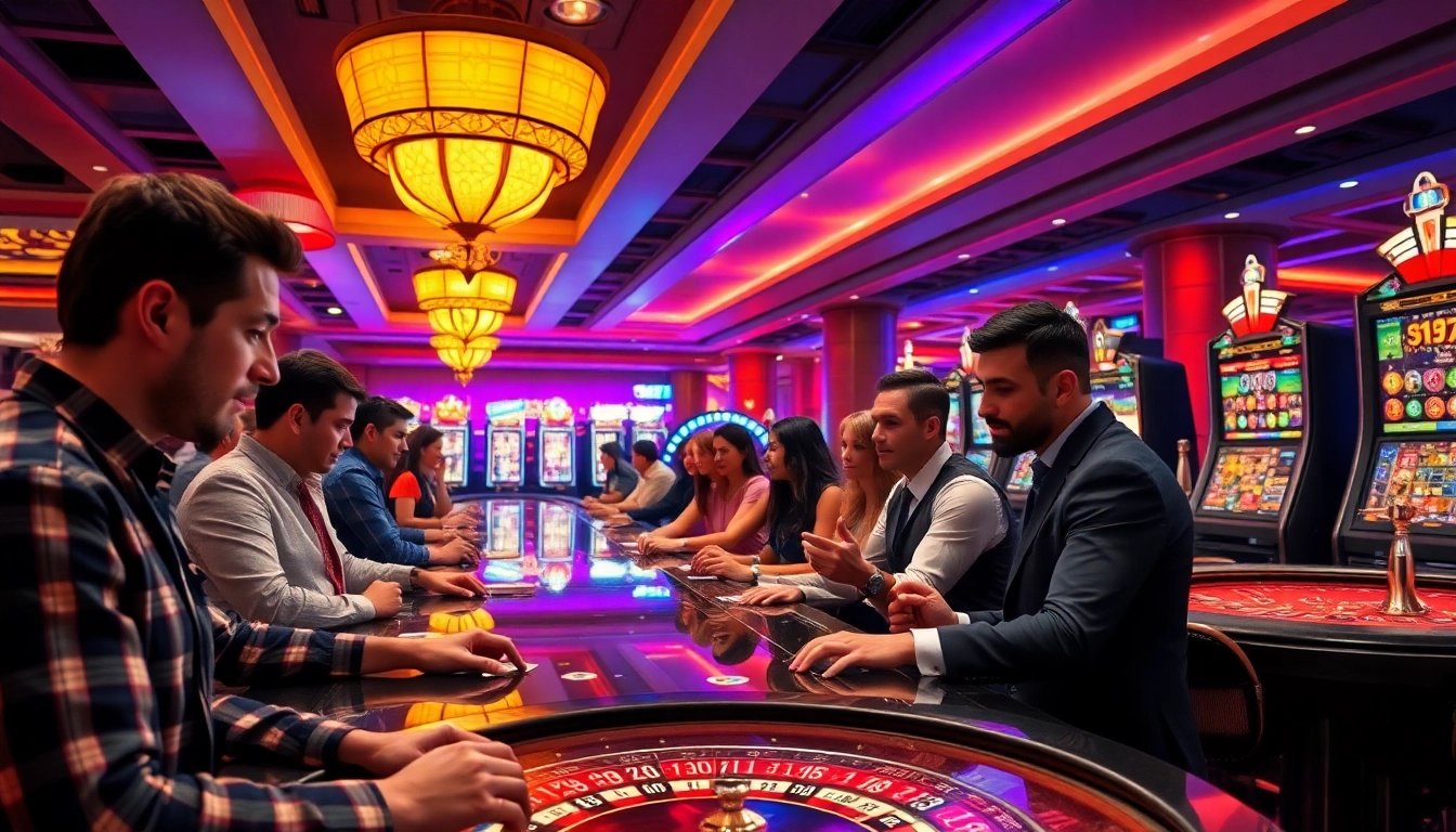 C168 COM vibrant online casino scene showcasing players engaged in thrilling games and luxurious ambiance.