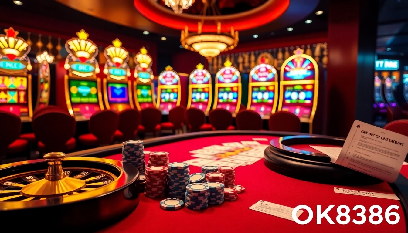Experience high-stakes excitement at a poker table with OK8386 chips and cards in a vibrant casino setting.